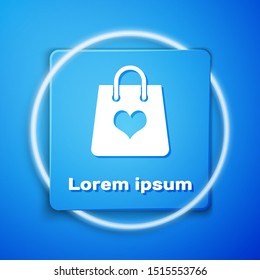 White Shopping bag with heart icon isolated on blue background. Shopping bag shop love like heart icon. Valentine's day symbol. Blue square button. Vector Illustration