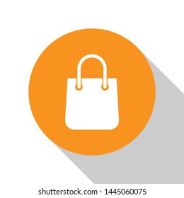 White Shopping bag icon isolated on white background. Package sign. Orange circle button. Vector Illustration