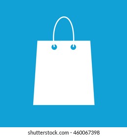 White shopping bag icon vector. Blue background