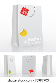 White shopping bag on white background with stickers. Vector illustration.