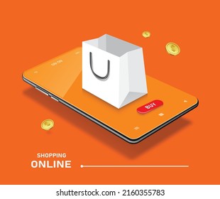 White shopping bag pop up on smartphone screen with red buy button icon and gold coins floating around,vector 3d isolated on white background for delivery and online shopping concept