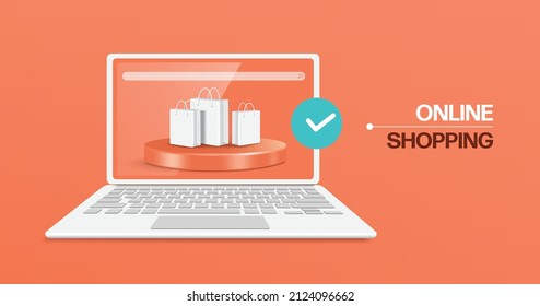 White shopping bag sits on a round podium and it's all on computer laptop screen with an order confirmation icon popping up on the edge of the screen,vector 3d on orange background for online shopping