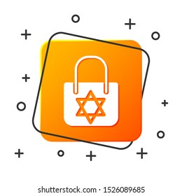 White Shopping bag with star of david icon isolated on white background. Package sign. Orange square button. Vector Illustration
