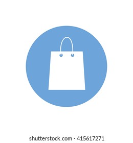 White shopping bag vector illustration. Blue circle. Blue button