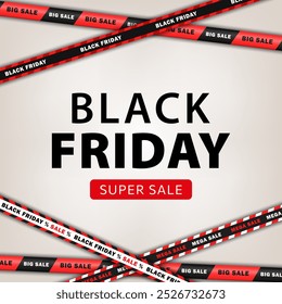 Banner de compras branco com faixas de desconto cruzadas e texto Black Friday Oferta especial. Modelo de postagem de mídia social, design de anúncio com fitas barricade, listras - Big Sale, hot deal, melhor preço