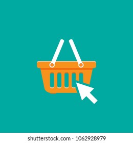 white shopping basket with cursor arrow sign. Simple icon isolated on blue background. Store orange container. Flat vector Illustration. Good for web and mobile design.