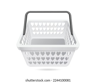 white shopping basket empty front view with a heart shaped stencil floating on a white background,vector 3d isolated virtual for shopping advertising promotion sale design