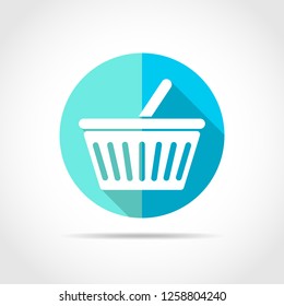White shopping basket in flat design with long shadow. Vector illustration. Shopping basket icon on blue round button.