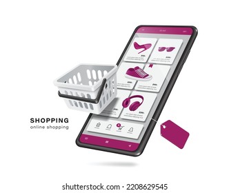 White shopping basket floats on smartphone screen with several products displayed on screen and there is a purple tag label hanging below smartphone,vector 3d isolated for delivery and online shopping