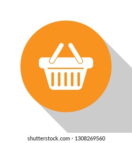 White Shopping basket icon isolated on white background. Orange circle button. Flat design. Vector Illustration