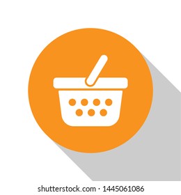 White Shopping basket icon isolated on white background. Online buying concept. Delivery service sign. Shopping cart symbol. Orange circle button. Vector Illustration