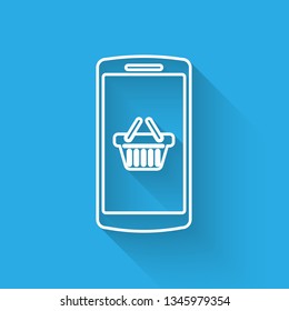 White Shopping basket on screen smartphone icon isolated with long shadow. Concept e-commerce, e-business, online business marketing. Vector Illustration