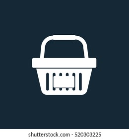 White shopping basket vector icon on dark blue background