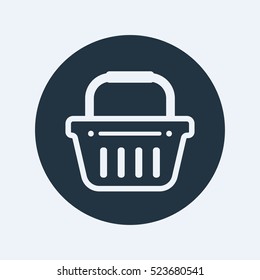 White shopping basket vector icon on dark blue circle background