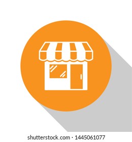 White Shopping building or market store icon isolated on white background. Shop construction. Orange circle button. Vector Illustration