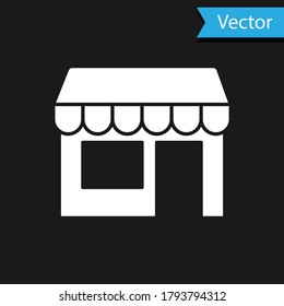 White Shopping building or market store icon isolated on black background. Shop construction. Vector