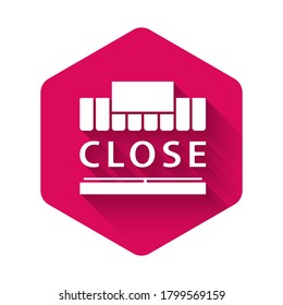 White Shopping building or market store and text closed icon isolated with long shadow. Shop construction. Pink hexagon button. Vector Illustration