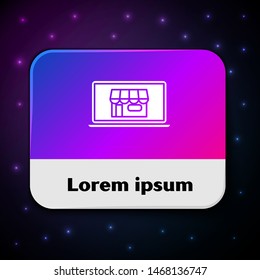 White Shopping building on screen laptop icon isolated on black background. Concept e-commerce, e-business, online business marketing. Rectangle color button. Vector Illustration