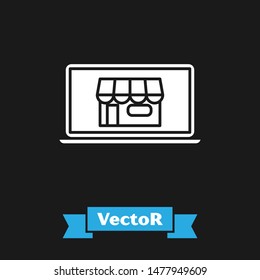 White Shopping building on screen laptop icon isolated on black background. Concept e-commerce, e-business, online business marketing.  Vector Illustration