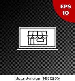 White Shopping building on screen laptop icon isolated on transparent dark background. Concept e-commerce, e-business, online business marketing.  Vector Illustration