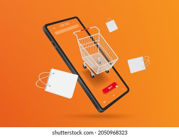 white shopping cart and shopping bag float in the air above a smartphone for online shopping concept design,vector 3d on orange background,3d template for advertising promotion sale design 
