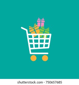 white shopping cart with bright gift boxex. simple icon isolated on  turquoise. Store trolley with present. Fat vector Illustration. Good for web and mobile design. holiday shopping