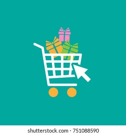 white shopping cart with bright gift boxex and cursor arrow. simple icon isolated on  turquoise. Store trolley with present. Fat vector Illustration. Good for web and mobile design. holiday shopping