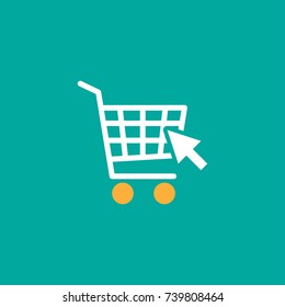 white shopping cart with cursor arrow sign. Simple icon isolated on blue background. Store trolley with orange wheels. Flat vector Illustration. Good for web and mobile design.