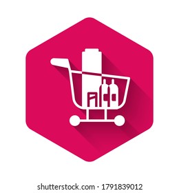 White Shopping cart and food icon isolated with long shadow. Food store, supermarket. Pink hexagon button. Vector Illustration