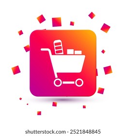 White Shopping cart and food icon isolated on white background. Food store, supermarket. Square color button. Vector