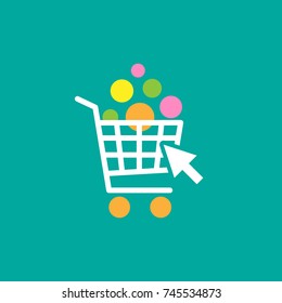 white shopping cart with goods and arrow cursor. Bright purchase. simple icon isolated on turquoise background. Store trolley with wheels. Fat vector Illustration. Good for web and mobile design.