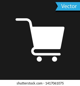 White Shopping cart icon isolated on black background. Online buying concept. Delivery service sign. Supermarket basket symbol. Vector Illustration