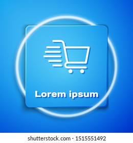 White Shopping cart icon isolated on blue background. Online buying concept. Delivery service sign. Supermarket basket symbol. Blue square button. Vector Illustration