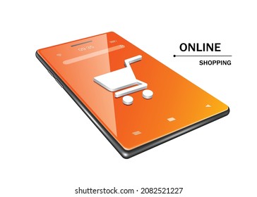 white shopping cart icon on orange smartphone acreen isolated on white background for delivery and online shopping concetp design,vector 3d for promotoin advertising design