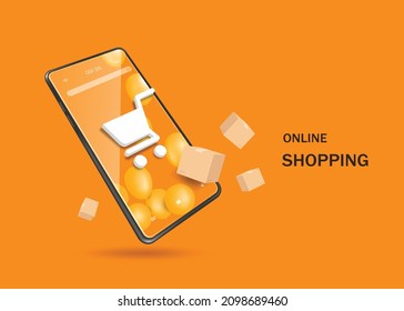 White shopping cart icon placed on a smartphone screen with a yellow balloon and there is a parcel box floating in front for delivery and online shopping concept design,vector 3d virtual isolated