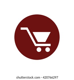 White shopping cart icon vector. Red circle. Red button