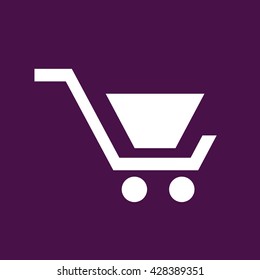 White shopping cart icon vector. Purple background