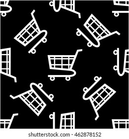 White shopping cart icons seamless pattern on black background