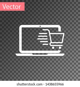 White Shopping cart on screen laptop icon isolated on transparent background. Concept e-commerce, e-business, online business marketing. Vector Illustration