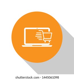 White Shopping cart on screen laptop icon isolated on white background. Concept e-commerce, e-business, online business marketing. Orange circle button. Vector Illustration
