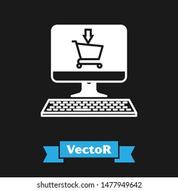 White Shopping cart on screen computer icon isolated on black background. Concept e-commerce, e-business, online business marketing.  Vector Illustration