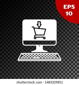 White Shopping cart on screen computer icon isolated on transparent dark background. Concept e-commerce, e-business, online business marketing.  Vector Illustration