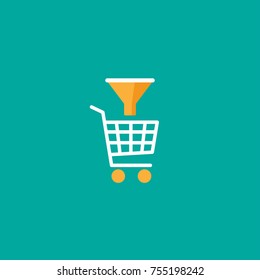 white shopping cart with orange data filter or data funnel. Simple icon isolated on blue background. Store trolley with orange wheels. Flat vector Illustration. Sort or choose product sign