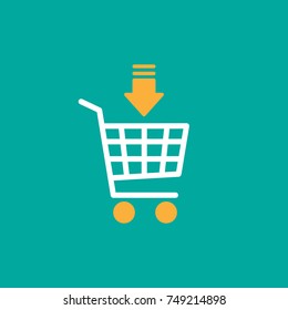 white shopping cart with  orange down arrow sign. Simple icon isolated on blue background. Store trolley with orange wheels. Flat vector Illustration. Good for web and mobile design.