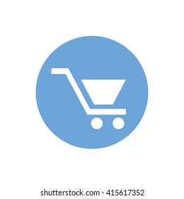 White shopping cart vector icon. Blue circle. Blue button