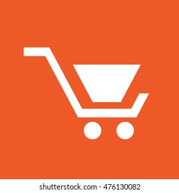 White shopping cart vector icon. Orange background