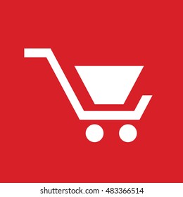 White shopping cart vector icon. Red background
