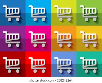 White shopping carts on checkered colorful pattern background  