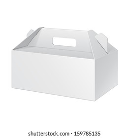 White Short Cardboard Carry Box Packaging For Food, Gift Or Other Products. On White Background Isolated. Ready For Your Design. Product Packing Vector EPS10 