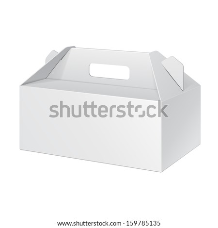 White Short Cardboard Carry Box Packaging For Food, Gift Or Other Products. On White Background Isolated. Ready For Your Design. Product Packing Vector EPS10 